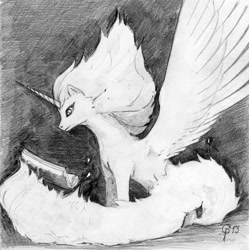 Size: 800x804 | Tagged: safe, artist:princeofchaoc, imported from derpibooru, alicorn, book, fire hair, mane of fire, monochrome, pencil drawing, traditional art