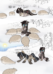 Size: 1080x1512 | Tagged: safe, artist:anonymous, imported from derpibooru, oc, oc only, oc:cold shoulder, oc:pine ponder, pony, seal, club, club (weapon), colored, crying, descriptive noise, forest, growling, pinecone, snow mare, snowmare, snowpony (species), sun, surrounded, taiga pony, tree, yakutian horse