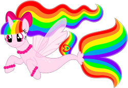 Size: 1280x888 | Tagged: safe, artist:ra1nb0wk1tty, artist:ra1nb0wk1tty101, imported from derpibooru, oc, oc only, oc:rainbow kitty, alicorn, pony, seapony (g4), base used, dorsal fin, female, fin wings, fish tail, flowing mane, flowing tail, horn, jewelry, multicolored hair, necklace, pearl necklace, pink eyes, ribbon, seaponified, simple background, smiling, solo, species swap, tail, transparent background, wings