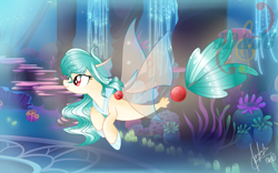 Size: 3105x1932 | Tagged: safe, artist:judelinfrostan, imported from derpibooru, oc, oc only, alicorn, pony, seapony (g4), base used, coral, dorsal fin, female, fin wings, fins, fish tail, flowing mane, flowing tail, ocean, red eyes, seaquestria, seaweed, signature, smiling, solo, swimming, tail, throne room, underwater, water, watermark, wings