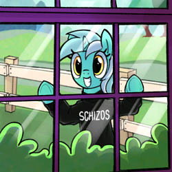 Size: 1000x1000 | Tagged: safe, imported from twibooru, lyra heartstrings, pony, unicorn, clothes, female, fence, image, mare, png, solo, window