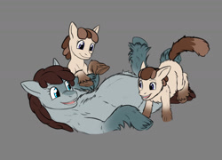 Size: 1676x1207 | Tagged: safe, alternate version, artist:a0iisa, imported from ponybooru, oc, oc only, pony, /mlp/, blaze (coat marking), chest fluff, coat markings, eye contact, female, filly, fluffy, gray background, identical twins, looking at each other, lying down, mare, mother and child, mother and daughter, on back, open mouth, open smile, parent and child, pregnant, siblings, simple background, sisters, smiling, snowpony (species), socks (coat marking), taiga pony, trio, twin sisters, twins, underhoof, unshorn fetlocks, yakutian horse