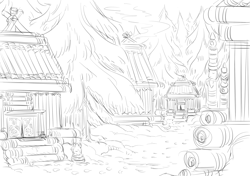 Size: 2508x1764 | Tagged: safe, artist:anonymous, imported from ponybooru, /mlp/, black and white, building, carving, grayscale, house, log cabin, monochrome, no pony, sketch, spruce, totem pole, village