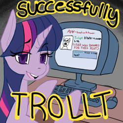 Size: 1500x1500 | Tagged: artist needed, safe, imported from twibooru, twilight sparkle, /qa/, 4chan, banned, computer, computer keyboard, computer mouse, image, needs more jpeg, solo, trolled, wojak