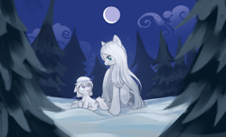 Size: 3615x2201 | Tagged: safe, artist:marbo, imported from derpibooru, oc, oc:cirrus wisp, oc:niveous, pony, female, filly, mare, moon, snow, snowpony (species), taiga pony, tree, yakutian horse