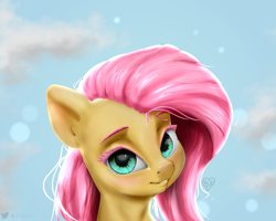 Size: 1280x1022 | Tagged: safe, artist:inkypuso, imported from derpibooru, fluttershy, pony, bust, cute, female, looking at you, mare, portrait, shyabetes, sky background, smiling, solo, three quarter view