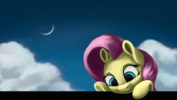 Size: 4000x2250 | Tagged: safe, artist:flusanix, imported from derpibooru, fluttershy, pony, breaking the fourth wall, bust, cloud, crescent moon, cute, female, film grain, fourth wall, high res, looking at something, looking down, mare, moon, peeking, shyabetes, sky background, smiling, solo, three quarter view, underhoof