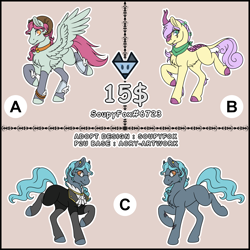 Size: 2500x2500 | Tagged: safe, artist:soupyfox, imported from derpibooru, oc, earth pony, kirin, pegasus, pony, adoptable, bandana, base used, chest fluff, clothes, fangs, glasses, group, high res, horns, p2u base, ram horns, socks