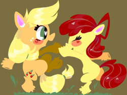 Size: 500x374 | Tagged: safe, artist:cutebeerfloat, imported from derpibooru, apple bloom, applejack, earth pony, pony, bipedal, dancing, female, filly, mare, siblings