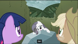 Size: 1366x768 | Tagged: safe, edit, edited screencap, imported from derpibooru, screencap, applejack, rarity, tom, twilight sparkle, pony, the return of harmony, canterlot hedge maze, caption, discorded, female, hedge maze, hub logo, mare, meme, text, youtube, youtube caption