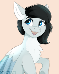 Size: 1389x1758 | Tagged: safe, artist:nyota71, imported from derpibooru, oc, oc only, oc:violina, pegasus, pony, chest fluff, commission, g5, laughing, my little pony: a new generation, raised hoof, solo