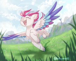 Size: 1920x1551 | Tagged: safe, artist:bishopony, imported from derpibooru, zipp storm, pegasus, pony, spoiler:my little pony: a new generation, adorazipp, city, cityscape, cute, eyes closed, female, field, flying, g5, happy, lens flare, mare, mountain, mountain range, my little pony: a new generation, open mouth, open smile, outdoors, shadow, signature, smiling, solo, spread wings, unshorn fetlocks, windswept mane, wings, zephyr heights