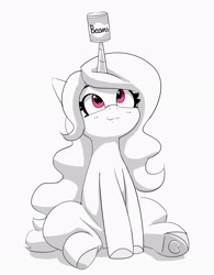 Size: 2090x2673 | Tagged: safe, artist:pabbley, imported from derpibooru, izzy moonbow, pony, unicorn, spoiler:my little pony: a new generation, beans, can, female, food, g5, grayscale, high res, horn, horn impalement, izzy impaling things, izzy's beans, looking up, mare, monochrome, my little pony: a new generation, partial color, simple background, sitting, solo, white background