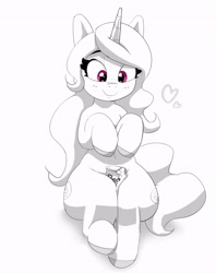 Size: 3251x4096 | Tagged: safe, artist:pabbley, imported from derpibooru, izzy moonbow, pony, unicorn, spoiler:my little pony: a new generation, beans, between legs, can, female, food, g5, grayscale, heart, izzy's beans, mare, monochrome, my little pony: a new generation, partial color, simple background, sitting, solo, thigh crush, thighs, white background, wide hips