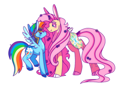 Size: 1280x921 | Tagged: safe, artist:lockandkeyhyena, imported from derpibooru, fluttershy, rainbow dash, pegasus, pony, female, flower, flower in hair, flutterdash, helmet, lesbian, mare, shipping, simple background, size difference, smoldash, tallershy, transparent background