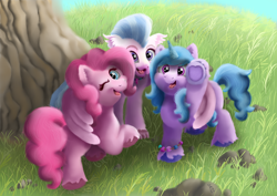 Size: 2028x1439 | Tagged: safe, artist:doodledonutart, imported from derpibooru, izzy moonbow, pinkie pie, silverstream, earth pony, hippogriff, pony, spoiler:my little pony: a new generation, cute, diapinkes, diastreamies, female, g5, grass, grass field, group, group hug, hug, izzybetes, looking at you, my little pony: a new generation, open mouth, painting, smiling, trio, trio female