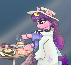 Size: 2532x2310 | Tagged: safe, artist:starsilk, imported from derpibooru, oc, oc only, oc:star silk, pegasus, pony, clothes, coat, cup, food, hat, herbivore, high res, hoof hold, ink bottle, pen, sandwich, skirt, smiling, solo, spoon, table, vegetables