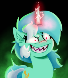 Size: 3500x4000 | Tagged: safe, artist:witchtaunter, imported from derpibooru, lyra heartstrings, pony, unicorn, spoiler:my little pony: a new generation, ear fluff, electricity, evil, evil grin, evil lyra heartstrings, female, g5, glowing, glowing horn, grin, high res, horn, l.u.l.s., lineless, magic, magic aura, mare, my little pony: a new generation, possessed, sharp teeth, smiling, solo, sproutity, teeth