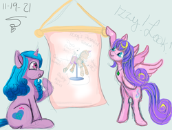 Size: 4032x3024 | Tagged: safe, artist:starsilk, imported from derpibooru, izzy moonbow, oc, oc:star silk, pegasus, pony, unicorn, caption, dress form, duo, g5, simple background, sketch, text