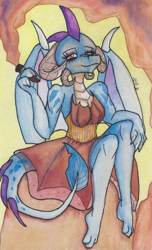 Size: 1040x1710 | Tagged: safe, artist:horrordragon339, imported from derpibooru, princess ember, dragon, cigar, clothes, dress, lidded eyes, looking at you, signature, sitting, smoke, smoking, solo, traditional art, witch