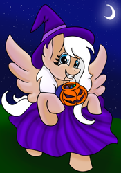 Size: 2109x3007 | Tagged: safe, artist:starsilk, imported from derpibooru, oc, oc only, oc:star silk, pegasus, pony, candy, food, halloween, hat, high res, holiday, looking at you, moon, night, pumpkin bucket, smiling, solo, stars, witch costume, witch hat