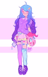 Size: 2001x3227 | Tagged: safe, artist:8tinywind8, imported from derpibooru, izzy moonbow, pinkie pie, human, bag, barrette, clothes, cute, female, g5, garter, hairclip, high res, humanized, izzybetes, looking at you, mismatched socks, skirt, socks, solo, stockings, striped socks, thigh highs