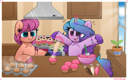 Size: 5937x3704 | Tagged: safe, artist:kittyrosie, imported from derpibooru, izzy moonbow, sunny starscout, earth pony, pony, unicorn, spoiler:my little pony: a new generation, baking, blushing, chest fluff, cupcake, cute, duo, food, frosting, g5, glowing, glowing horn, hooves in air, horn, izzybetes, kitchen, my little pony: a new generation, open mouth, owo, sunnybetes, unicorn cupcake, uwu