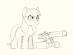 Size: 4096x3072 | Tagged: safe, artist:cadillac-dynamite, imported from derpibooru, oc, oc only, oc:frosty flakes, earth pony, pony, chest fluff, cute, female, fluffy, gun, happy, machine gun, mare, maxim gun, snow mare, snowpony (species), solo, taiga pony, weapon, yakutian horse