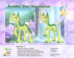 Size: 1280x1004 | Tagged: safe, artist:paisleyperson, imported from derpibooru, oc, oc only, oc:peridot hawthorne, pony, unicorn, curved horn, female, horn, mare, reference sheet, solo, waterfall