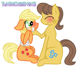 Size: 870x749 | Tagged: safe, artist:princess-kitsune-tsu, imported from derpibooru, applejack, caramel, pony, bandage, blushing, carajack, female, male, shipping, simple background, straight, transparent background