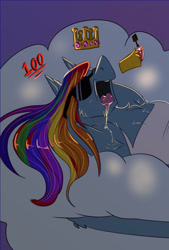 Size: 975x1440 | Tagged: safe, artist:unfinishedheckery, imported from derpibooru, rainbow dash, anthro, pegasus, breasts, busty rainbow dash, clothes, cloud, digital art, drool, female, majestic as fuck, open mouth, shirt, sleeping, snoring, solo, sunglasses