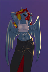 Size: 975x1440 | Tagged: safe, artist:unfinishedheckery, imported from derpibooru, rainbow dash, anthro, pegasus, arm behind head, belly button, breasts, clothes, digital art, eyes closed, female, midriff, open mouth, pants, simple background, solo, spread wings, tanktop, tongue out, wings