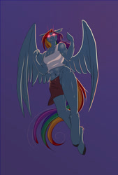 Size: 975x1440 | Tagged: safe, artist:unfinishedheckery, imported from derpibooru, rainbow dash, anthro, pegasus, unguligrade anthro, belly button, breasts, clothes, digital art, female, flying, glowing, glowing eyes, looking at you, midriff, shorts, simple background, solo, tail, tanktop, thighs