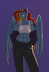 Size: 975x1440 | Tagged: safe, artist:unfinishedheckery, imported from derpibooru, rainbow dash, anthro, pegasus, abs, belly button, breasts, clothes, digital art, female, flying, grin, hoodie, looking at you, midriff, one eye closed, pants, simple background, smiling, smiling at you, solo, tail, tanktop, thighs, undressing