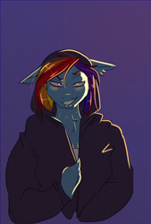 Size: 975x1440 | Tagged: safe, artist:unfinishedheckery, imported from derpibooru, rainbow dash, anthro, pegasus, bedroom eyes, breasts, digital art, female, looking at you, simple background, smiling, smiling at you, solo