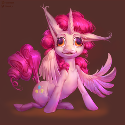 Size: 3000x3000 | Tagged: safe, artist:ls0tapok, imported from derpibooru, pinkie pie, alicorn, pony, adoracreepy, alicornified, creepy, creepy ponies, cute, diapinkes, female, glowing, glowing eyes, gray background, high res, horn, mare, nightmare fuel, one ear down, pinkiecorn, race swap, raised tail, simple background, smiling, solo, tail, wings, wrong eye color, xk-class end-of-the-world scenario