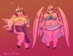 Size: 2624x2035 | Tagged: safe, artist:unfinishedheckery, imported from derpibooru, princess cadance, alicorn, anthro, unguligrade anthro, bbw, belly button, big breasts, breasts, busty princess cadance, chubby, clothes, digital art, dress, fat, female, high res, horn, looking at you, princess decadence, solo, spread wings, tail, thighs, thunder thighs, wings