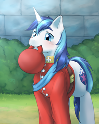 Size: 3600x4526 | Tagged: safe, artist:aquoquoo, imported from derpibooru, shining armor, pony, unicorn, ball, behaving like a dog, blushing, clothes, cute, male, mouth hold, shining adorable, solo, stallion, uniform