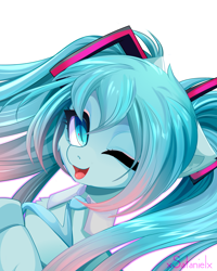 Size: 4000x5000 | Tagged: safe, artist:xsatanielx, imported from derpibooru, kotobukiya, pony, anime, cute, female, hatsune miku, kotobukiya hatsune miku pony, mare, one eye closed, ponified, solo, vocaloid