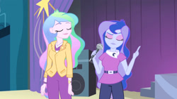 Size: 3410x1920 | Tagged: safe, imported from derpibooru, screencap, princess celestia, princess luna, equestria girls, rainbow rocks, duo, duo female, eyes closed, female, high res, microphone, principal celestia, smiling, speaker, vice principal luna