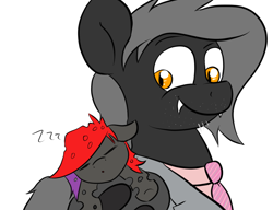 Size: 1000x768 | Tagged: safe, artist:tranzmuteproductions, imported from derpibooru, oc, oc only, oc:tranzmute, bat pony, changeling queen, pony, baby, bat pony oc, changeling queen oc, clothes, duo, eyes closed, male, necktie, onomatopoeia, simple background, sleeping, smiling, sound effects, stallion, suit, white background, zzz