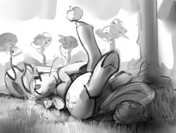 Size: 640x480 | Tagged: safe, artist:dimfann, imported from derpibooru, applejack, earth pony, pony, apple, black and white, featureless crotch, female, food, grayscale, hooves, lying down, mare, monochrome, on back, sketch, solo, underhoof