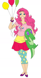 Size: 1048x1964 | Tagged: safe, artist:emzroze, imported from derpibooru, pinkie pie, alligator, human, balloon, clothes, cutie mark, cutie mark on clothes, duo, female, grin, humanized, simple background, skirt, smiling, white background