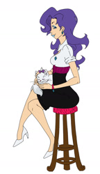 Size: 1128x1964 | Tagged: safe, artist:emzroze, imported from derpibooru, opalescence, rarity, cat, human, clothes, duo, ear piercing, female, high heels, humanized, lipstick, piercing, shoes, simple background, sitting, smiling, stool, white background