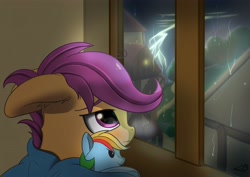 Size: 4096x2892 | Tagged: safe, artist:db, imported from derpibooru, rainbow dash, scootaloo, pegasus, pony, blanket, cute, cutealoo, female, filly, floppy ears, foal, house, lightning, looking out the window, plushie, rain, rainbow dash plushie, scootasad, signature, solo, storm, thunderstorm, tree, window