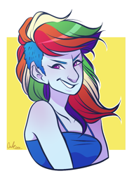 Size: 715x936 | Tagged: safe, artist:emzroze, imported from derpibooru, rainbow dash, equestria girls, abstract background, bust, clothes, female, grin, signature, smiling, solo