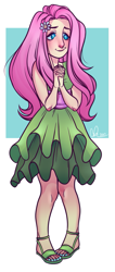 Size: 491x1158 | Tagged: safe, artist:emzroze, imported from derpibooru, equestria girls, abstract background, clothes, feet, female, flower, flower in hair, hands together, sandals, signature, skirt, smiling, solo