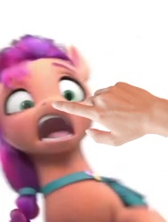 Size: 720x953 | Tagged: safe, edit, imported from derpibooru, sunny starscout, spoiler:my little pony: a new generation, boop, boop edit, faic, g5, hand, my little pony: a new generation, scared, sunny starscout is best facemaker