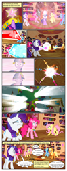 Size: 612x1552 | Tagged: safe, artist:newbiespud, edit, edited screencap, imported from derpibooru, screencap, applejack, fluttershy, pinkie pie, rainbow dash, rarity, twilight sparkle, earth pony, pegasus, pony, unicorn, comic:friendship is dragons, magical mystery cure, applejack's hat, big crown thingy, blast, book, comic, cowboy hat, dialogue, element of generosity, element of honesty, element of kindness, element of laughter, element of loyalty, element of magic, elements of harmony, explosion, eyes closed, female, floppy ears, golden oaks library, hat, horn, indoors, jewelry, library, magic, magic blast, mane six, mare, regalia, smiling, tree, unicorn twilight, wings