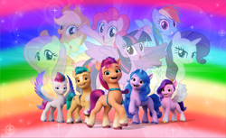 Size: 4000x2452 | Tagged: safe, artist:andoanimalia, imported from derpibooru, applejack, fluttershy, hitch trailblazer, izzy moonbow, pinkie pie, pipp petals, rainbow dash, rarity, sunny starscout, twilight sparkle, zipp storm, alicorn, earth pony, pegasus, pony, unicorn, spoiler:my little pony: a new generation, applejack's hat, bipedal, cowboy hat, g5, hat, mane five (g5), mane six, my little pony: a new generation, open mouth, twilight sparkle (alicorn)